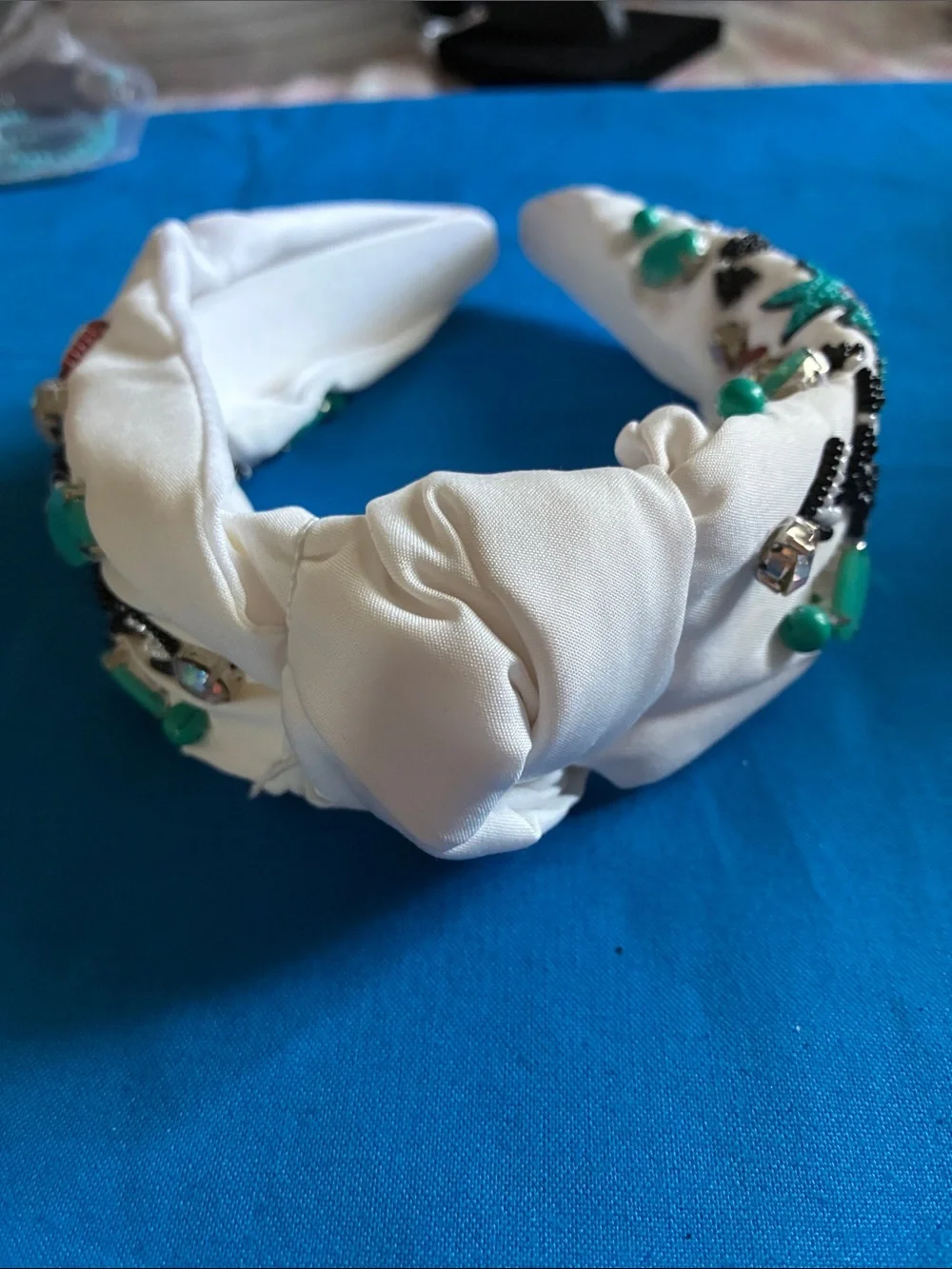 Embellished White Beaded Turban Headband with Turquoise Accents